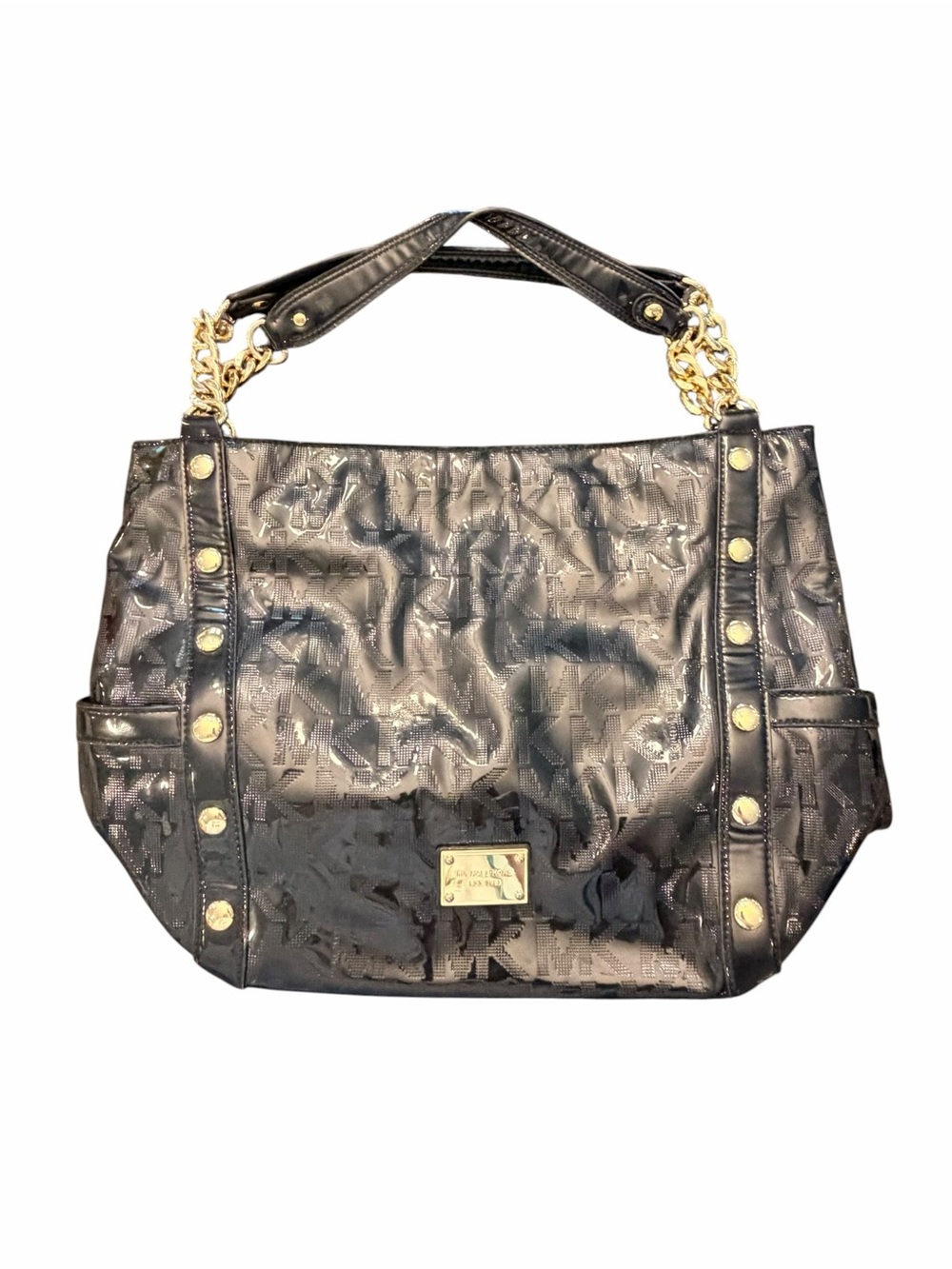MICHAEL KORS Delancy Logo BLACK MIRROR Metallic SHOULDER BAG Gold Studded $498